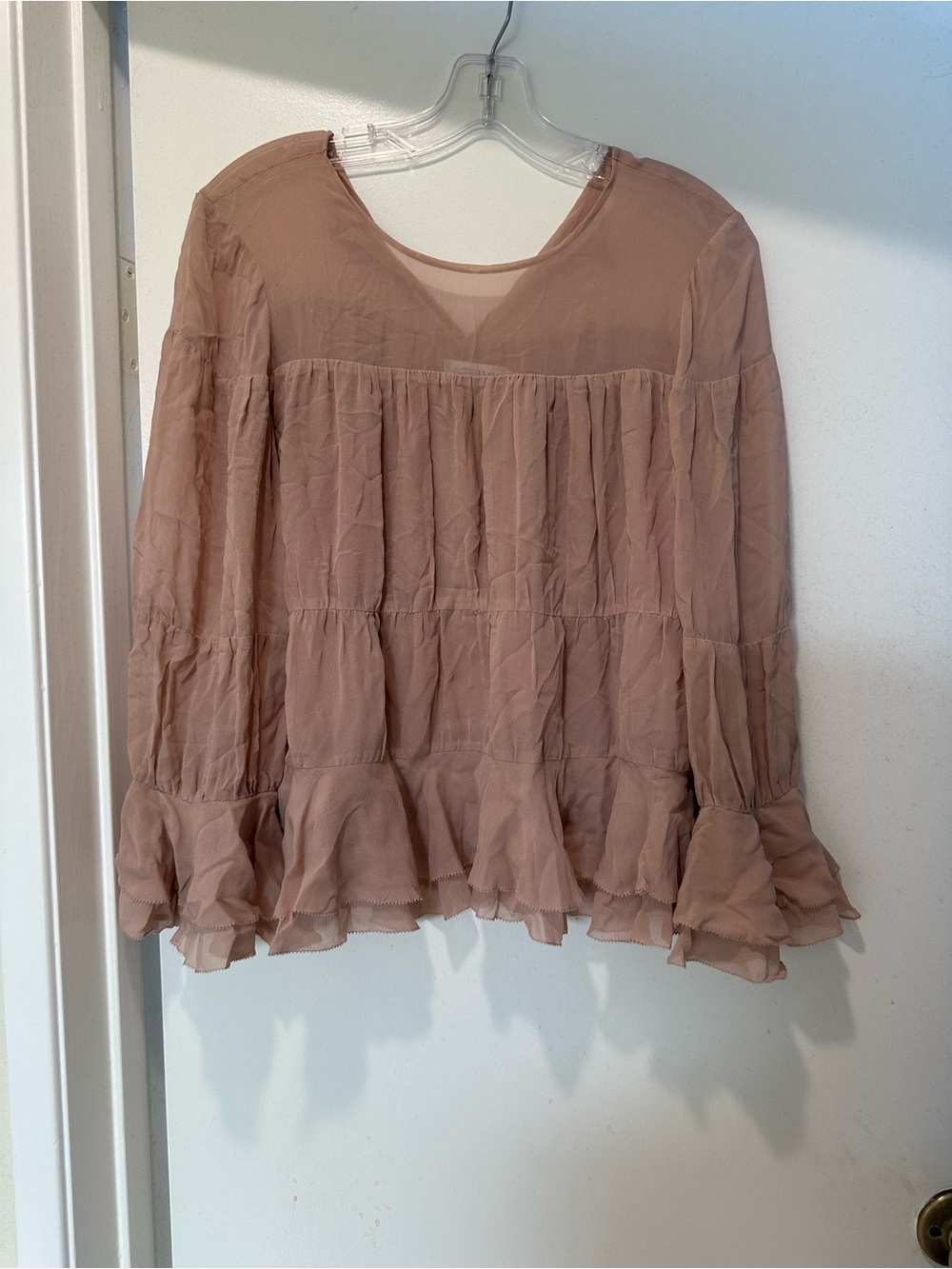 INTERMIX Dusty Rose Ruffle-Tiered Sheer Blouse 100% Silk Size P